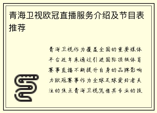 青海卫视欧冠直播服务介绍及节目表推荐