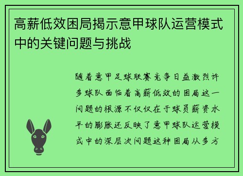 高薪低效困局揭示意甲球队运营模式中的关键问题与挑战