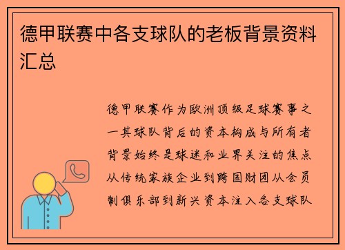 德甲联赛中各支球队的老板背景资料汇总